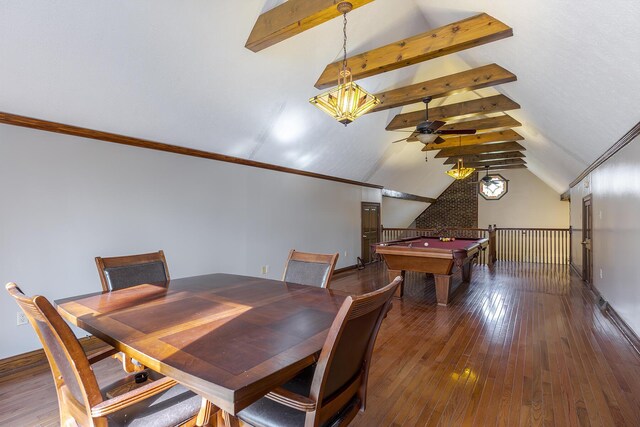 dining room featuring a ceiling fan, vaulted ceiling with beams, baseboards, and hardwood / wood-style flooring