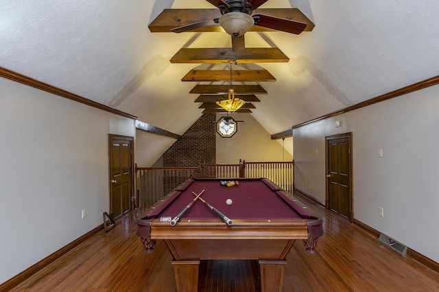 game room with billiards, baseboards, and wood finished floors