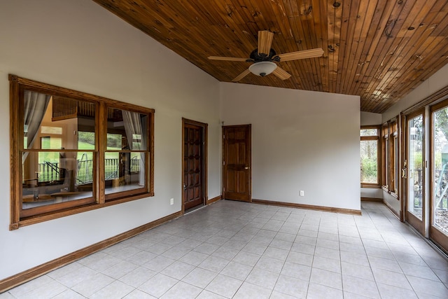 unfurnished sunroom featuring a ceiling fan, wood ceiling, and vaulted ceiling