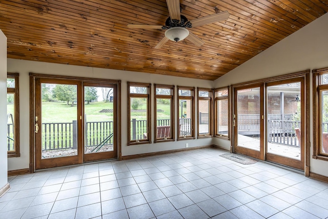 unfurnished sunroom featuring wooden ceiling, ceiling fan, and vaulted ceiling