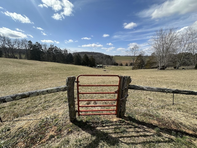 view of gate featuring a yard, fence, and a rural view