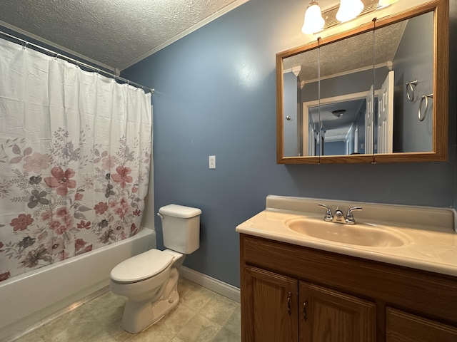 full bathroom with toilet, ornamental molding, a textured ceiling, and vanity