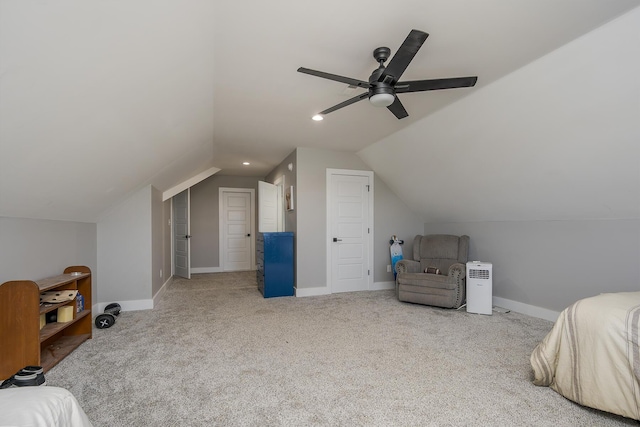 bedroom featuring a ceiling fan, baseboards, recessed lighting, vaulted ceiling, and carpet flooring