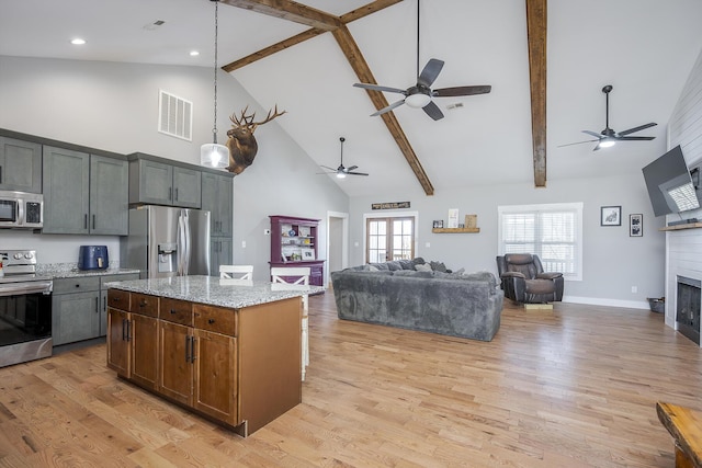 kitchen with light wood-type flooring, a ceiling fan, visible vents, and stainless steel appliances