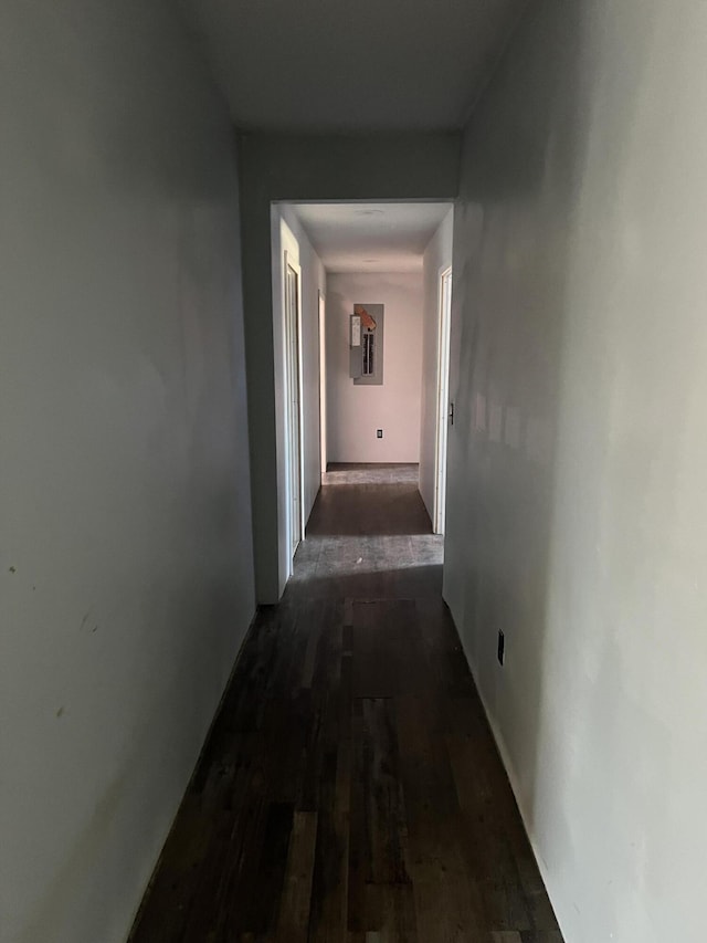 hall with dark wood-style floors and electric panel