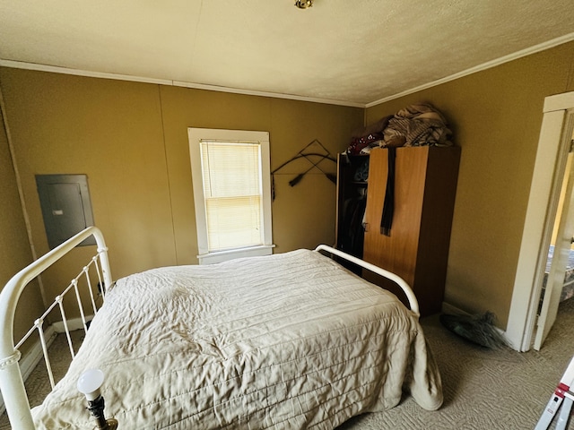 carpeted bedroom featuring ornamental molding