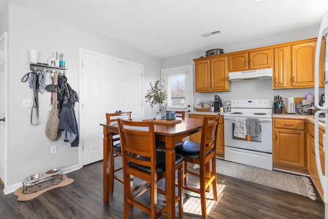 kitchen featuring white range with electric cooktop, visible vents, dark wood finished floors, and under cabinet range hood