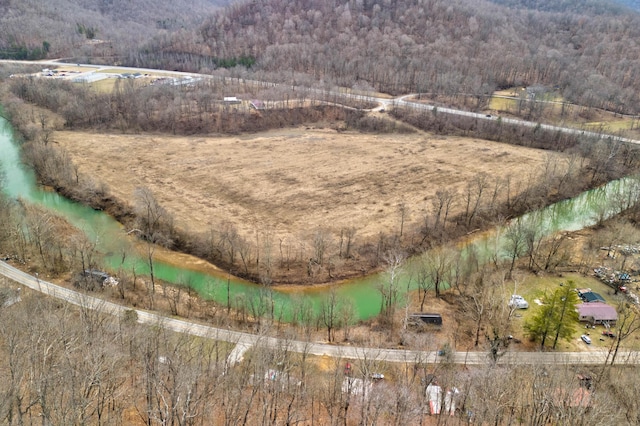 birds eye view of property featuring a wooded view