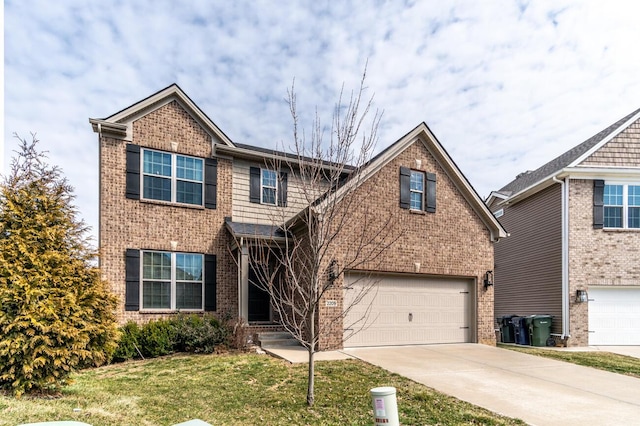 traditional-style home featuring a garage, a front lawn, concrete driveway, and brick siding