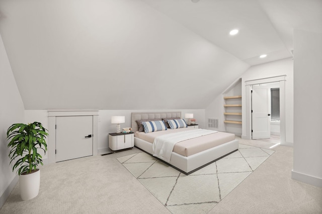 bedroom with light carpet, baseboards, visible vents, vaulted ceiling, and recessed lighting