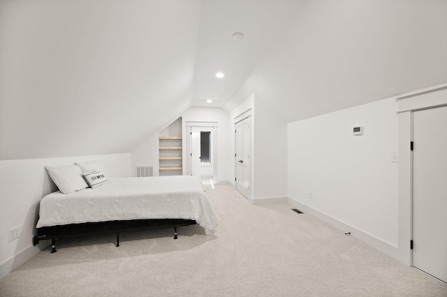 bedroom featuring baseboards, visible vents, vaulted ceiling, carpet floors, and recessed lighting