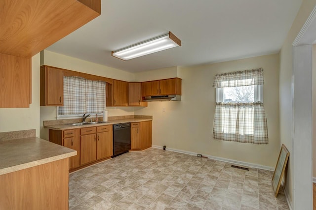 kitchen featuring black dishwasher, brown cabinets, visible vents, a sink, and under cabinet range hood