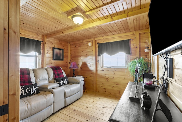 living room featuring wooden ceiling, beamed ceiling, wood walls, and light wood finished floors