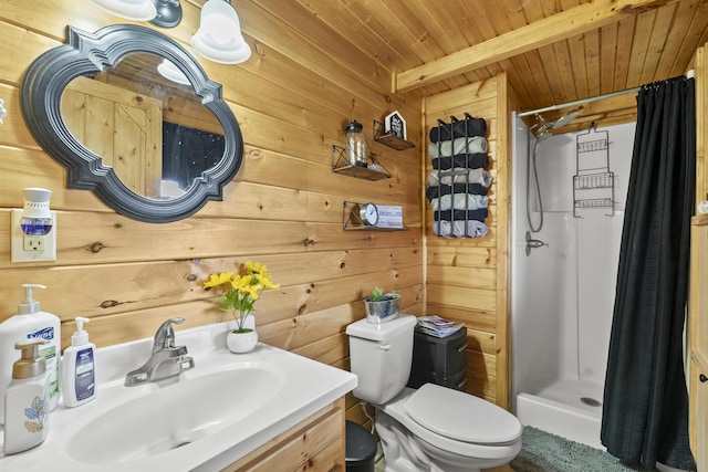 full bathroom featuring beam ceiling, toilet, a stall shower, wood ceiling, and wood walls