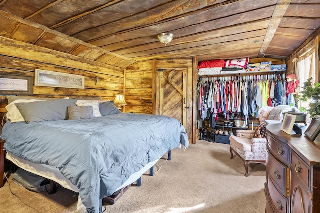 bedroom featuring carpet floors, wooden ceiling, vaulted ceiling, and wooden walls