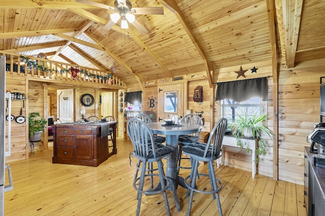 dining space with wood ceiling, a ceiling fan, light wood-style flooring, and wooden walls