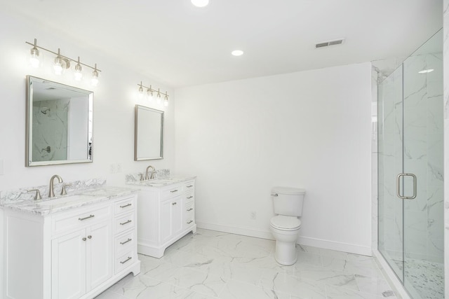 full bath featuring marble finish floor, a marble finish shower, visible vents, a sink, and baseboards