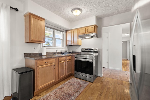 kitchen featuring light wood finished floors, stainless steel appliances, dark countertops, a sink, and under cabinet range hood