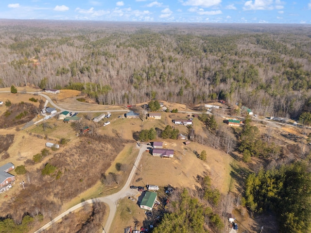 bird's eye view with a wooded view