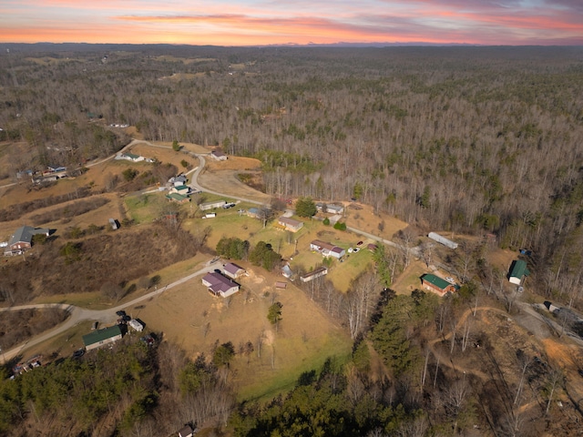 aerial view at dusk featuring a forest view