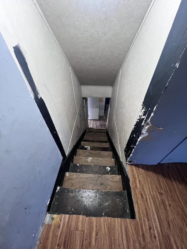 staircase with a textured wall