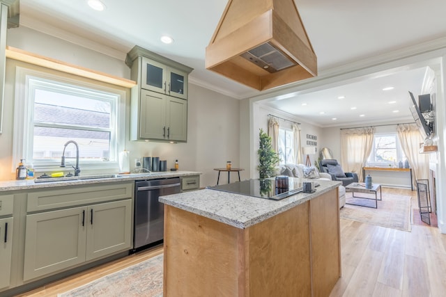 kitchen with a kitchen island, a sink, stainless steel dishwasher, light wood-type flooring, and custom exhaust hood