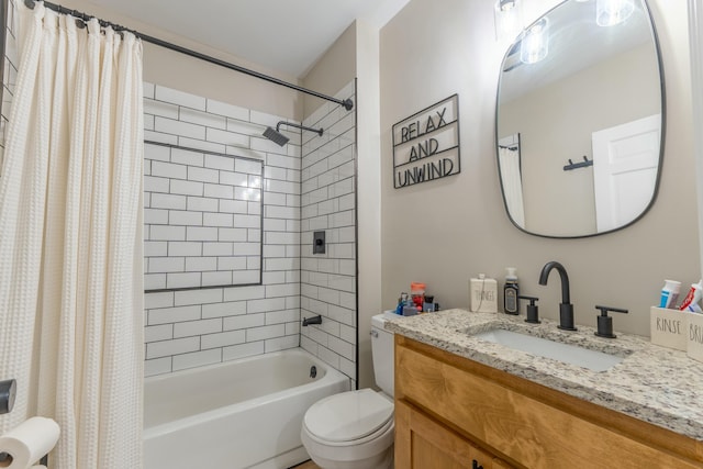 full bathroom with shower / tub combo, vanity, and toilet