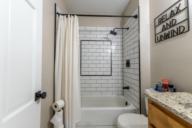 full bathroom with shower / tub combo with curtain, vanity, and toilet