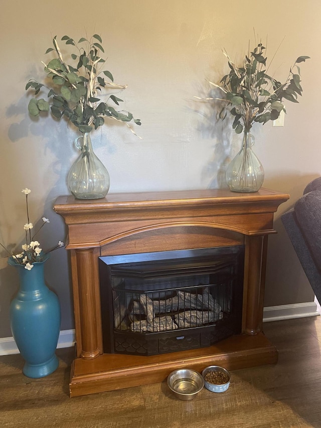 interior details featuring a fireplace, baseboards, and wood finished floors