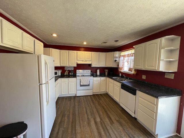 kitchen with dark wood-style floors, open shelves, a sink, white appliances, and under cabinet range hood