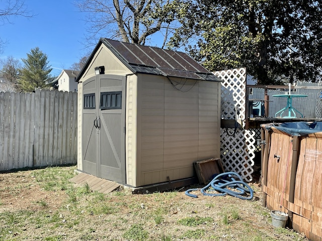 view of shed featuring a fenced backyard