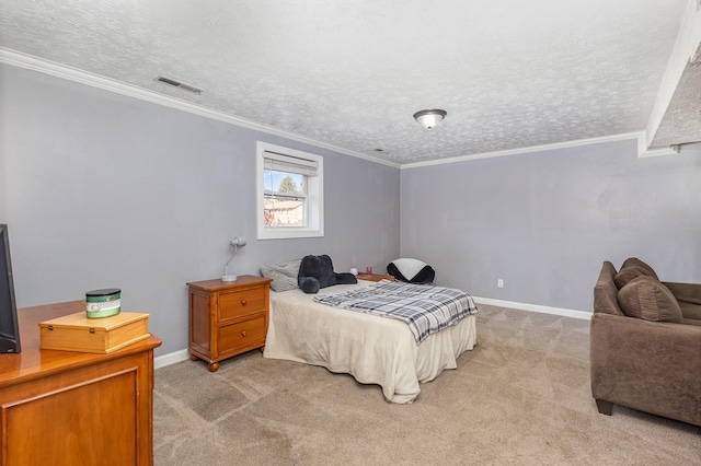 bedroom featuring visible vents, baseboards, a textured ceiling, crown molding, and light colored carpet