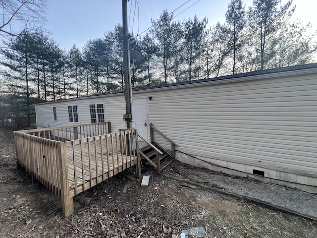 rear view of property with crawl space and a wooden deck