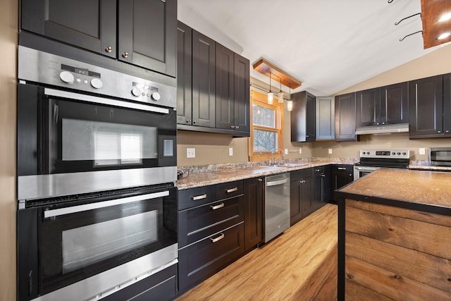 kitchen with light stone countertops, under cabinet range hood, vaulted ceiling, stainless steel appliances, and a sink