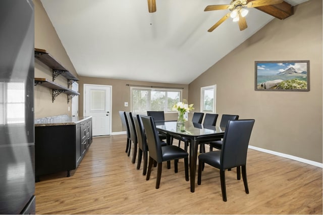 1343 Bastin Creek Rd, Kings Mountain, KY 40442 - dining space featuring lofted ceiling with beams, baseboards, light wood finished floors, and ceiling fan
