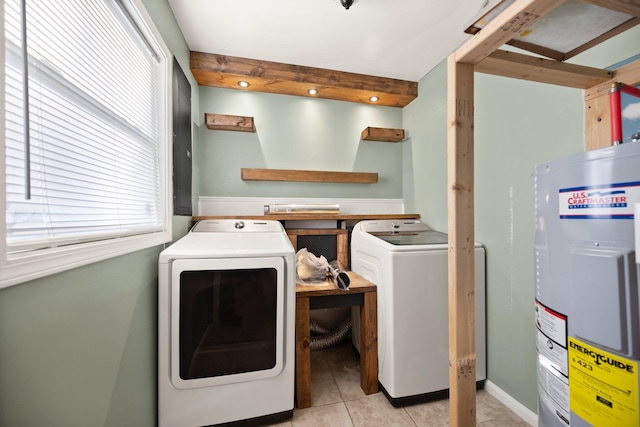 laundry room with water heater, laundry area, light tile patterned flooring, and washing machine and clothes dryer