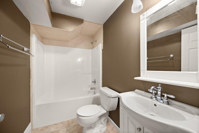 full bathroom with shower / bathing tub combination, toilet, vanity, and tile patterned flooring