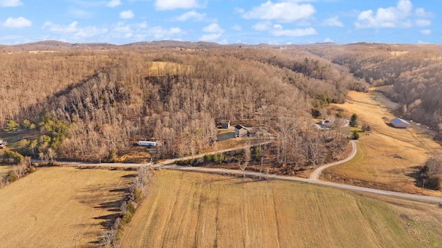 birds eye view of property featuring a mountain view and a forest view