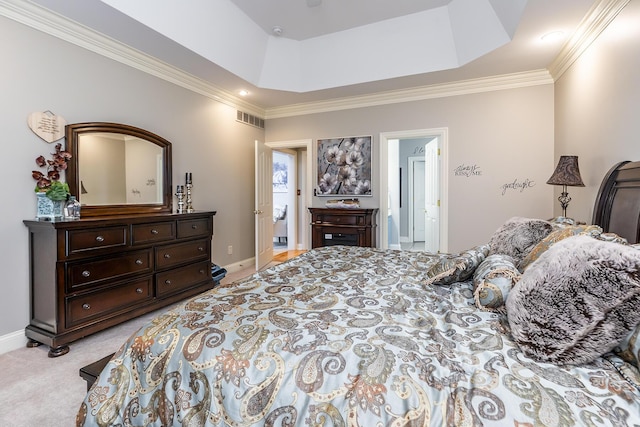 bedroom featuring baseboards, visible vents, crown molding, and light colored carpet