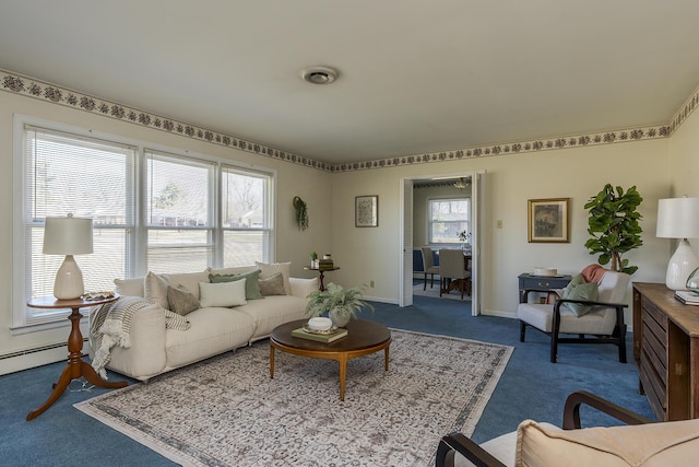 living room with carpet flooring, visible vents, and baseboards