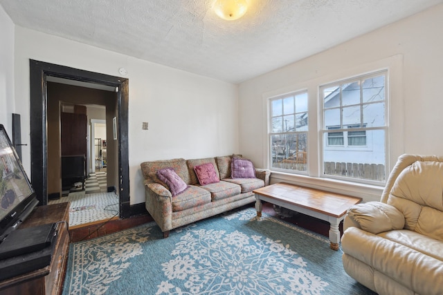 living room featuring a textured ceiling