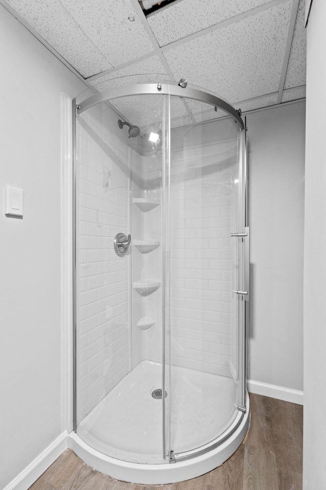 full bathroom with a shower stall, baseboards, and wood finished floors