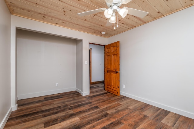 unfurnished bedroom featuring wood ceiling, baseboards, dark wood finished floors, and a ceiling fan