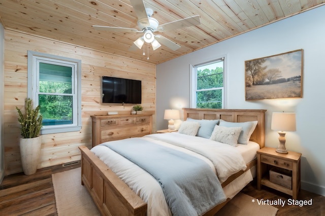 bedroom featuring wood ceiling, multiple windows, and wood finished floors