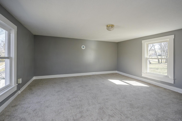 spare room with carpet, baseboards, and a textured ceiling