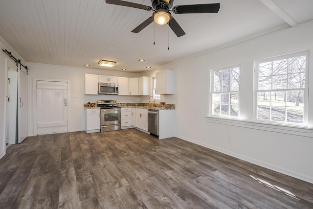 kitchen with a barn door, white cabinets, appliances with stainless steel finishes, dark wood-type flooring, and a sink