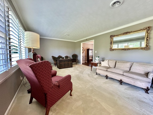 carpeted living room with a textured ceiling, baseboards, and crown molding