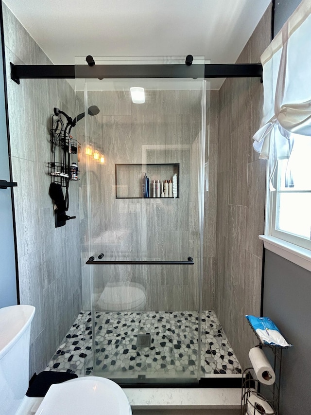 bathroom with a shower stall and toilet