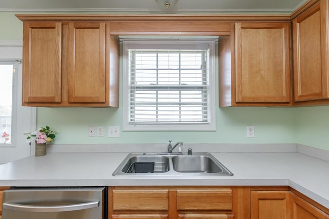 kitchen featuring dishwasher, light countertops, and a sink