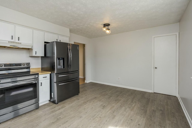 kitchen with baseboards, light wood-style flooring, stainless steel appliances, under cabinet range hood, and white cabinetry